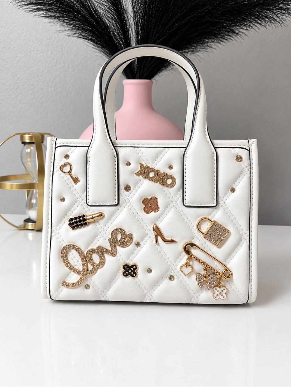White Quilted Mini Tote Bag with Gold Charm Accents